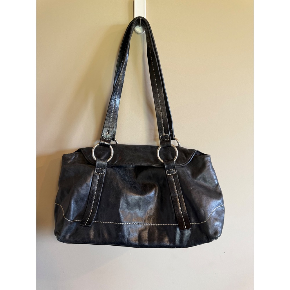 Kate Landry Black Leather Shoulder Bag Hobo Purse Silver‎ Ring Accents